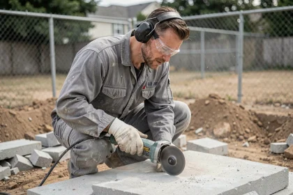 Ouvrier utilisant une meuleuse à disque diamant pour couper une dalle béton dans un jardin en travaux