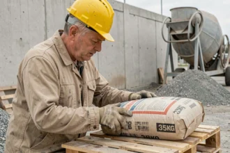 Ouvrier du bâtiment lisant l'étiquette d'un sac de béton 35 kg sur un chantier de construction, avec indication du rendement volumique annoncé par le fabricant