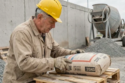 Ouvrier du bâtiment lisant l'étiquette d'un sac de béton 35 kg sur un chantier de construction, avec indication du rendement volumique annoncé par le fabricant