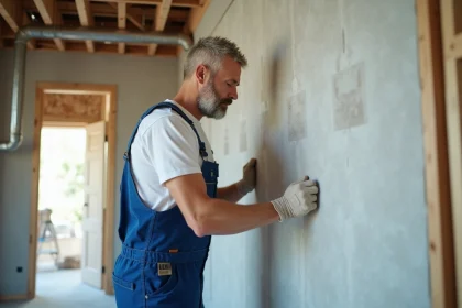 Ouvrier en bleu installant placo dans une rénovation