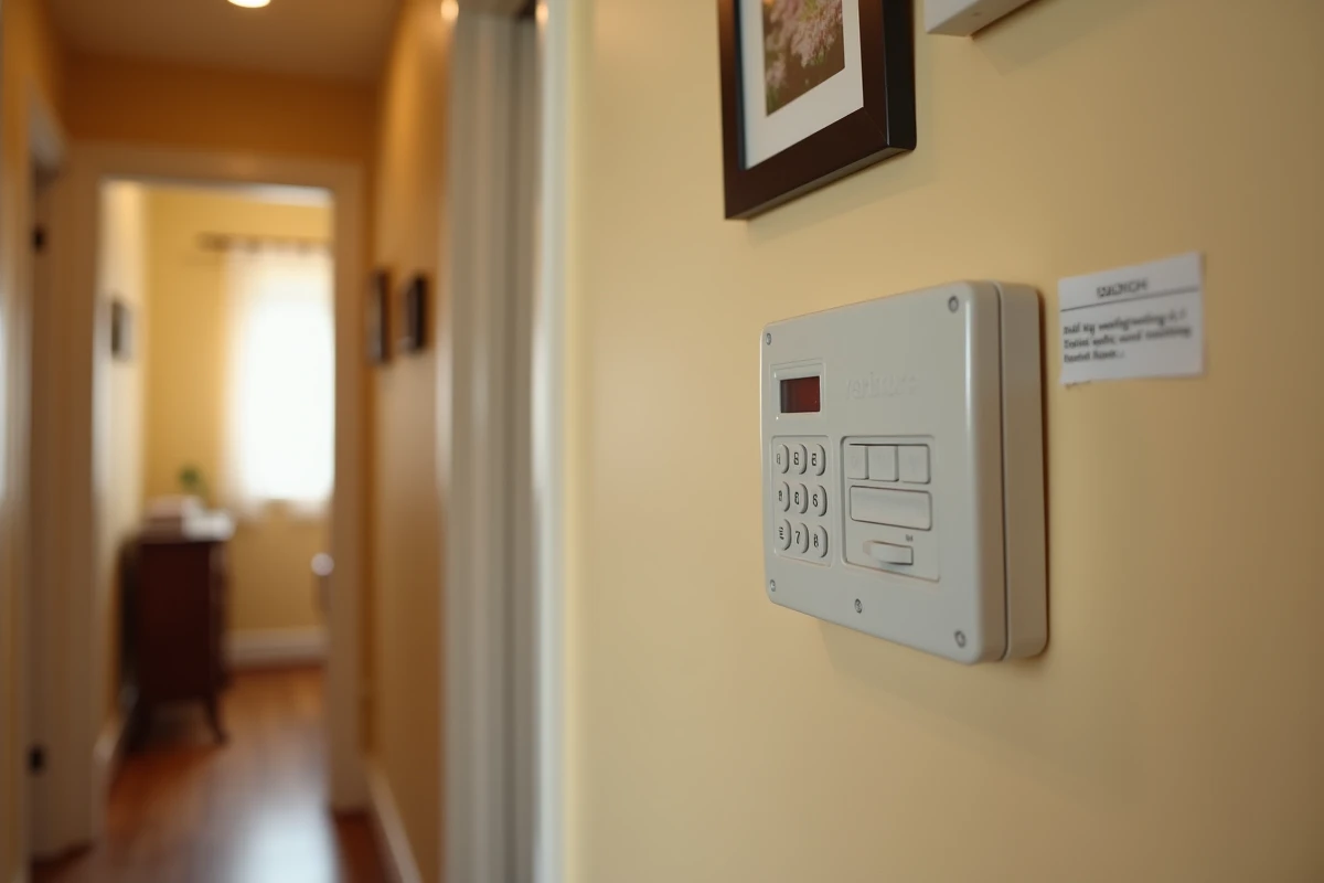 Panneau de contrôle d'alarme Verisure installé dans le couloir d'une maison avant la visite technique