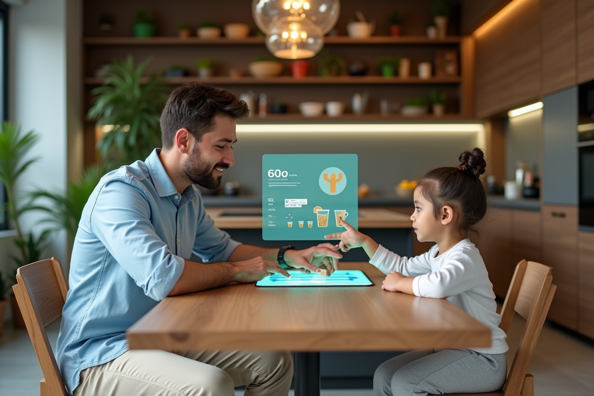 Père et fille découvrant un affichage de recette futuriste dans la cuisine