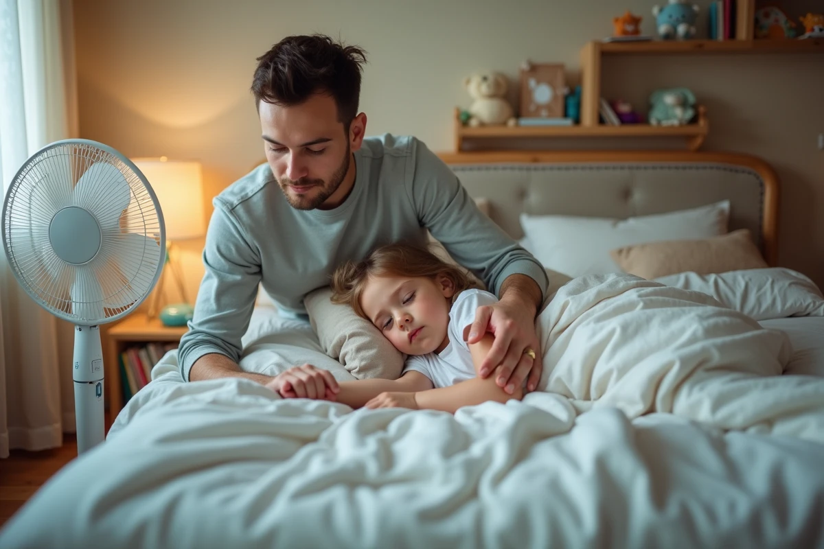 Pere et fille endormis avec ventilateur dans chambre d enfant
