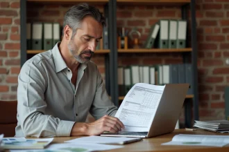 Un particulier organise son suivi de budget rénovation sur ordinateur portable avec des documents imprimés sur un bureau en bois
