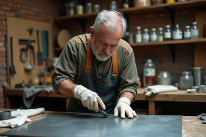 Artisan appliquant une patine chimique à froid sur une feuille de zinc dans un atelier de bricolage maison