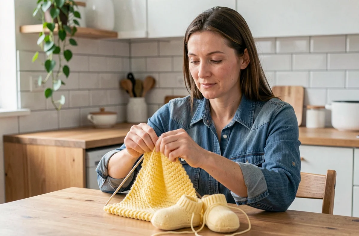 Femme faisant une pause de tricot pour étirer ses mains, avec un projet de chaussons bébé en laine Bebecolor sur la table