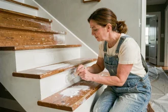 Femme peignant des marches d'escalier en bois avec une brosse plate et de la peinture craie blanche, sans ponçage préalable