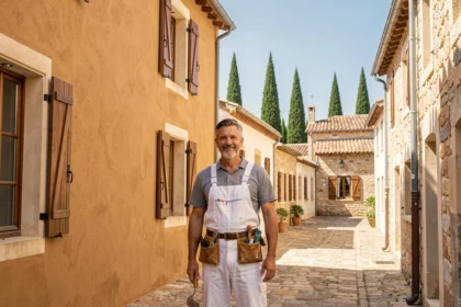 Peintre en bâtiment professionnel devant une façade rénovée dans un village d'Occitanie avec toits en tuiles et cyprès