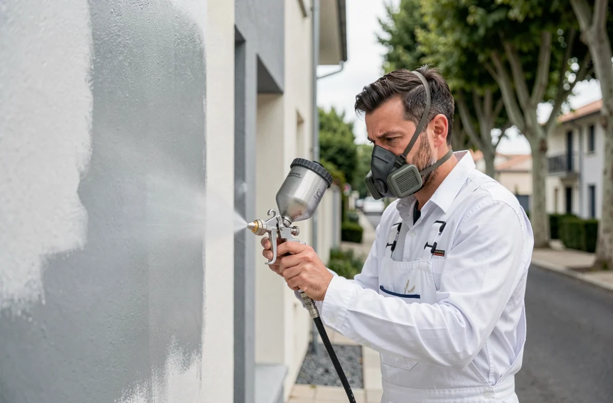 Peintre professionnel utilisant un pistolet à peinture sur une façade moderne à Plaisance-du-Touch pour Peinture 3RPM Demay