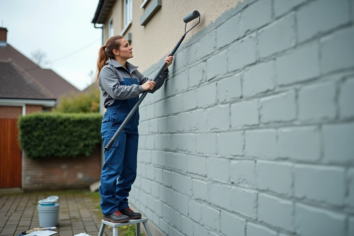 Femme peignant une façade en parpaing extérieur avec un rouleau et une peinture hydrofuge sur une maison individuelle