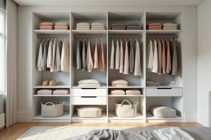Penderie ouverte bien organisée avec rangements modulaires blancs, vêtements triés par couleur et paniers en tissu, dans une chambre moderne au sol en chêne clair