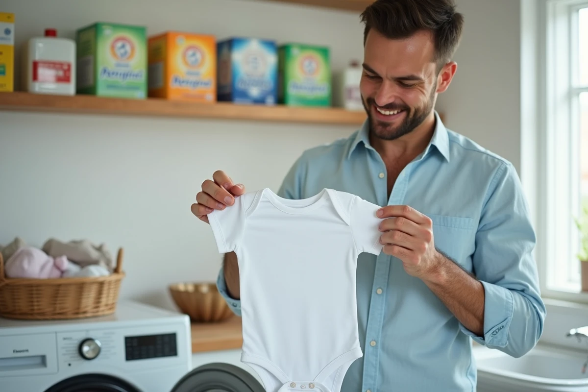 Père inspectant un body de bébé propre sorti du lave-linge avec des boîtes de lessive en poudre en arrière-plan