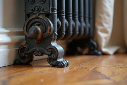 Pied en fonte ornemental pour radiateur ancien posé sur parquet chêne dans appartement haussmannien rénové