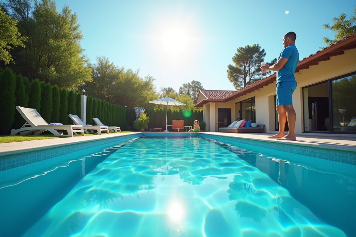 Piscine extérieure moderne en famille avec soleil et sauveteur