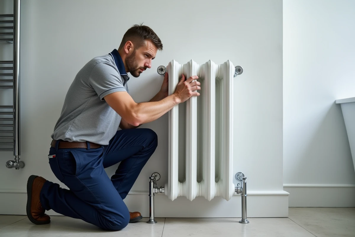 Plombier testant la compatibilité d'un pied en fonte sur un radiateur moderne dans une salle de bain contemporaine