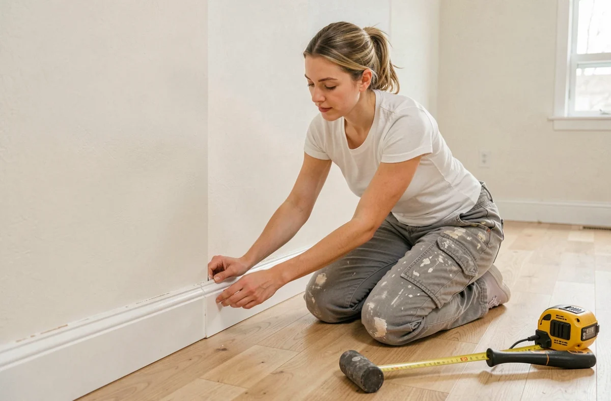 Pose d'un angle de plinthe à coupe en onglet dans un salon en cours de rénovation par une femme artisane