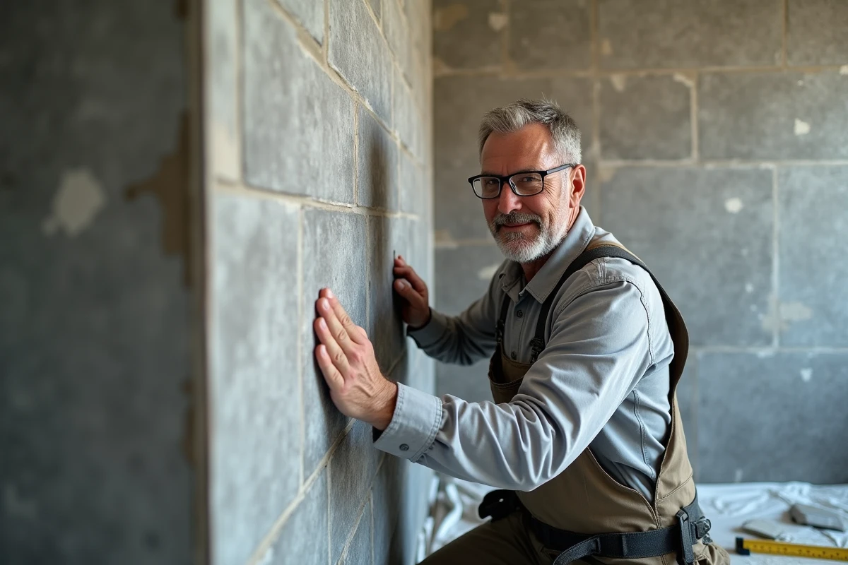Artisan installant une dalle PVC effet pierre sur un mur de douche lors d'une rénovation de salle de bain