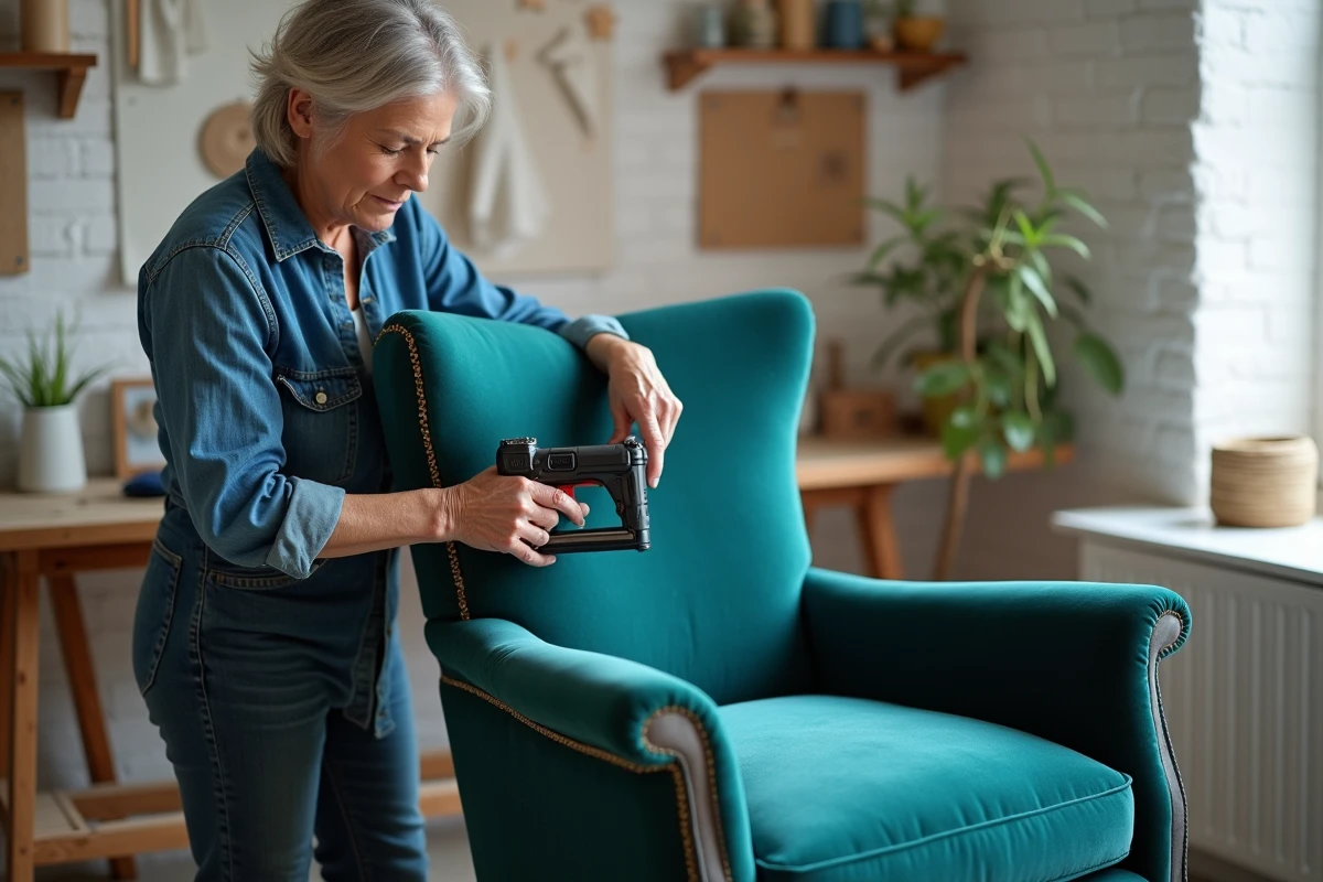 Femme tapissière tendant un velours sarcelle sur l'assise d'un fauteuil Voltaire en cours de rénovation dans un atelier