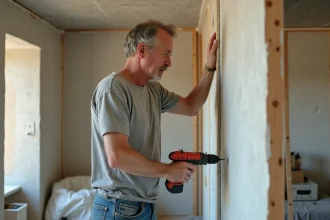 Hommes posant une plaque de platre dans une maison en renovation