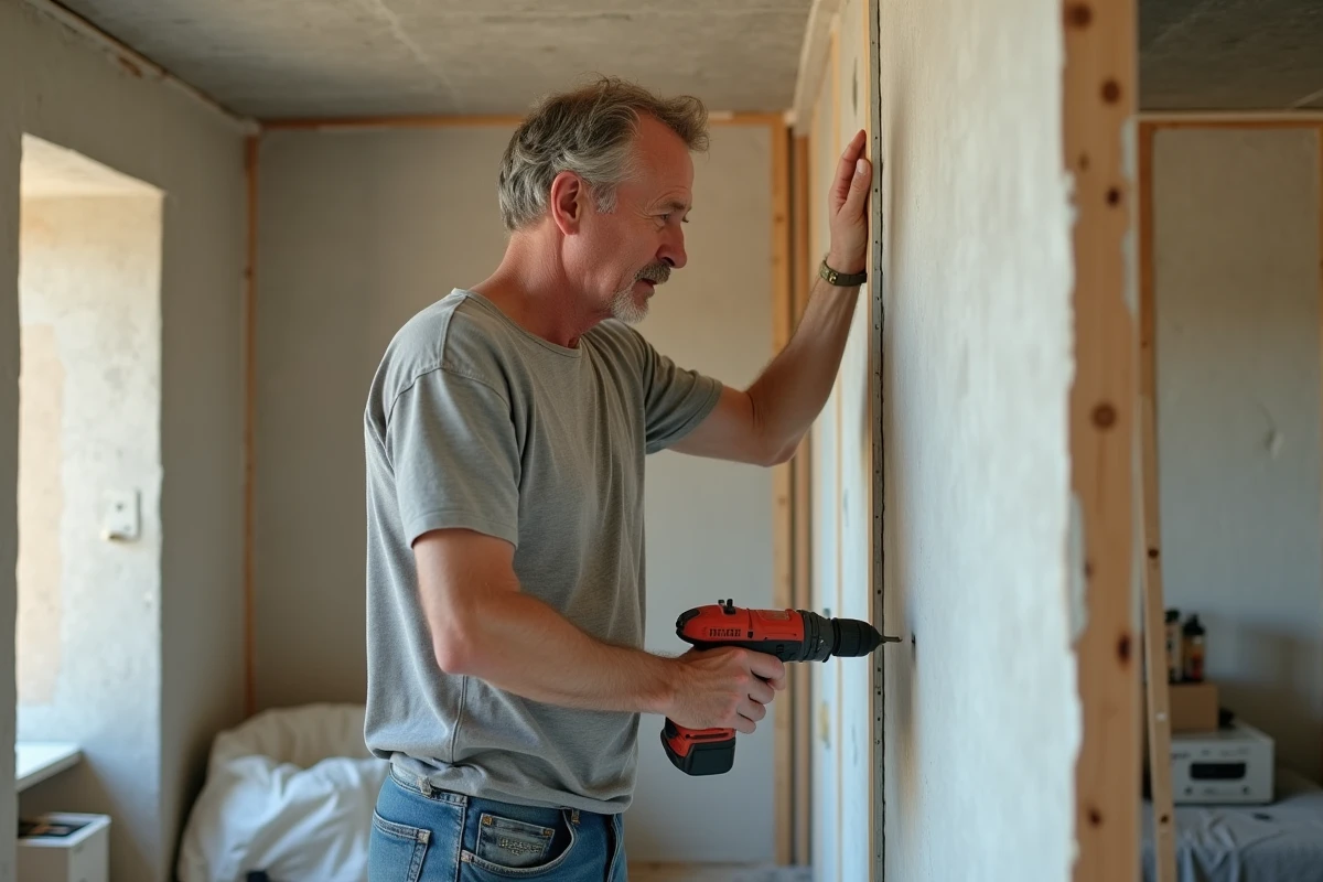 Hommes posant une plaque de platre dans une maison en renovation