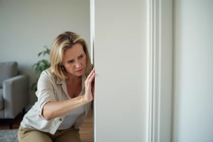 Femme posant avec du papier peint blanc dans un salon moderne