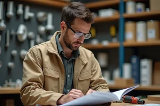 Professionnel du bâtiment consultant un catalogue de prix de matériaux de construction en 2026 dans un entrepôt de fournitures