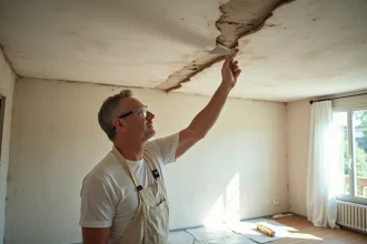 Professionnel du bâtiment inspectant une fissure diagonale sur un plafond en plâtre dans un appartement résidentiel