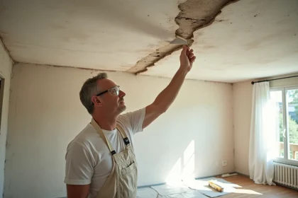 Professionnel du bâtiment inspectant une fissure diagonale sur un plafond en plâtre dans un appartement résidentiel