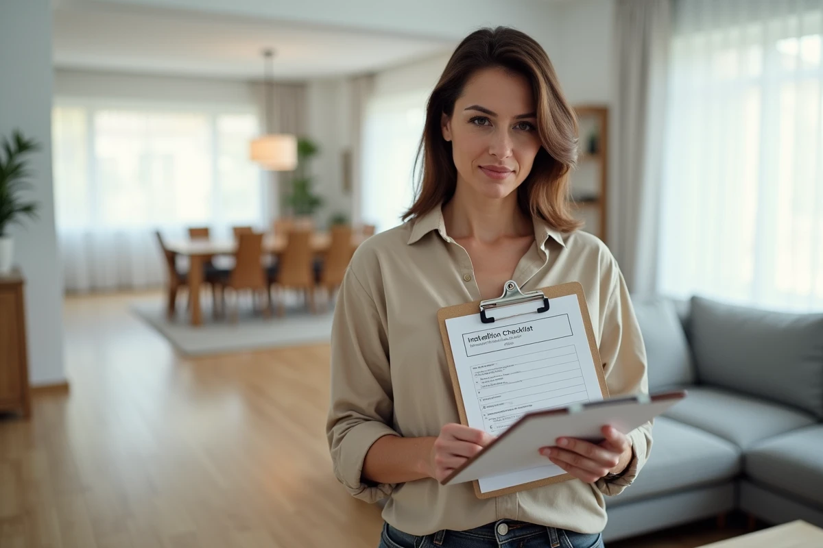 Propriétaire vérifiant une liste de préparation avant la visite technique Verisure dans son salon moderne