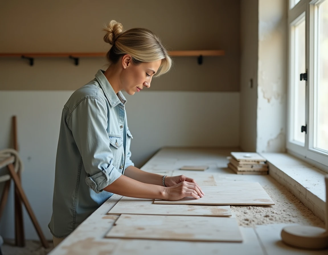 Propriétaire comparant des échantillons et prix de matériaux de rénovation dans une cuisine en travaux en 2026