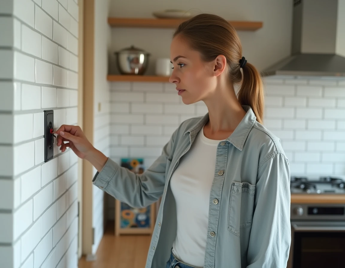Propriétaire constatant la dégradation d'une goulotte électrique murale dans sa cuisine avant mise aux normes