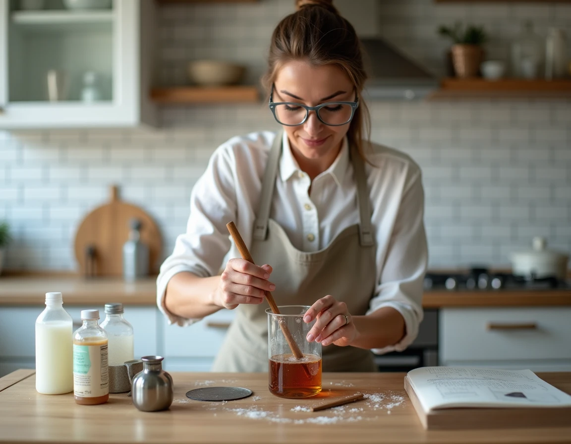 Femme préparant une solution de patine maison pour zinc avec vinaigre et sel dans une cuisine aménagée en atelier temporaire