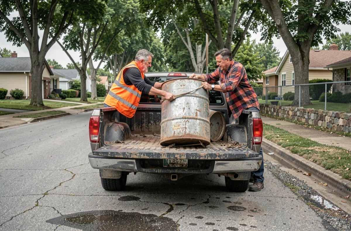 Deux hommes chargeant un fût de 200 litres récupéré gratuitement dans un pickup en zone périurbaine