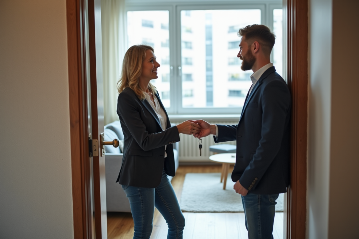 Femme souriante donnant des clés à un couple devant un appartement