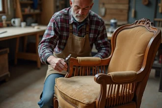 Artisan en atelier retirant l'ancien tissu d'un fauteuil Voltaire pour le rénover, avec outils de tapisserie posés sur l'établi