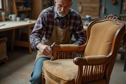 Artisan en atelier retirant l'ancien tissu d'un fauteuil Voltaire pour le rénover, avec outils de tapisserie posés sur l'établi