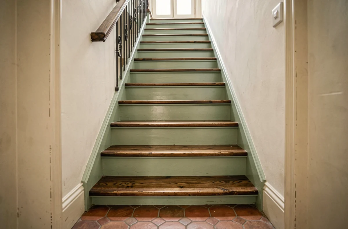 Escalier en bois rénové avec des contremarches peintes en vert sauge et des marches en bois naturel, résultat final sans ponçage