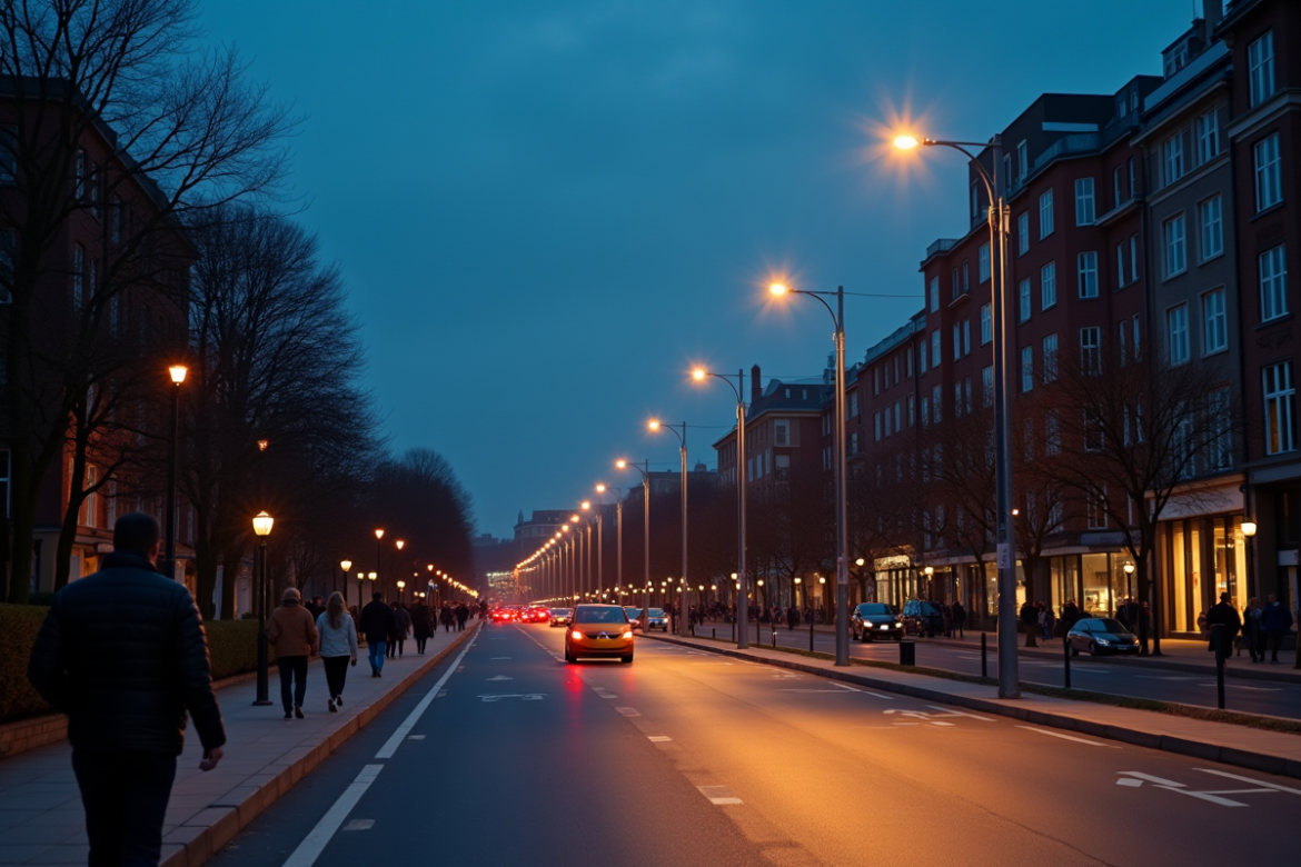 Rue urbaine éclairée en soirée avec lampadaires modernes et circulation