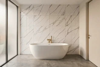Salle de bain moderne rénovée avec dalle murale PVC effet marbre blanc derrière une baignoire îlot ovale