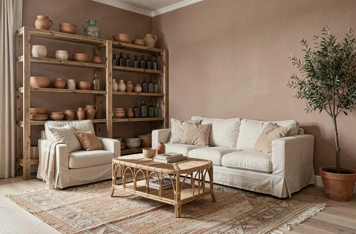 Salon décoré par une agence lilloise avec des matériaux naturels et locaux, canapé lin et table en rotin artisanale