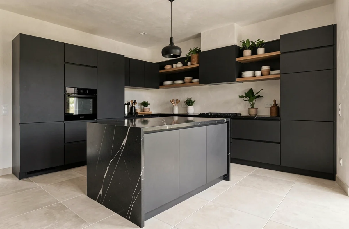 Cuisine contemporaine minimaliste réalisée par SARL Kuro en Aveyron avec cabinetry sombre et îlot en quartz