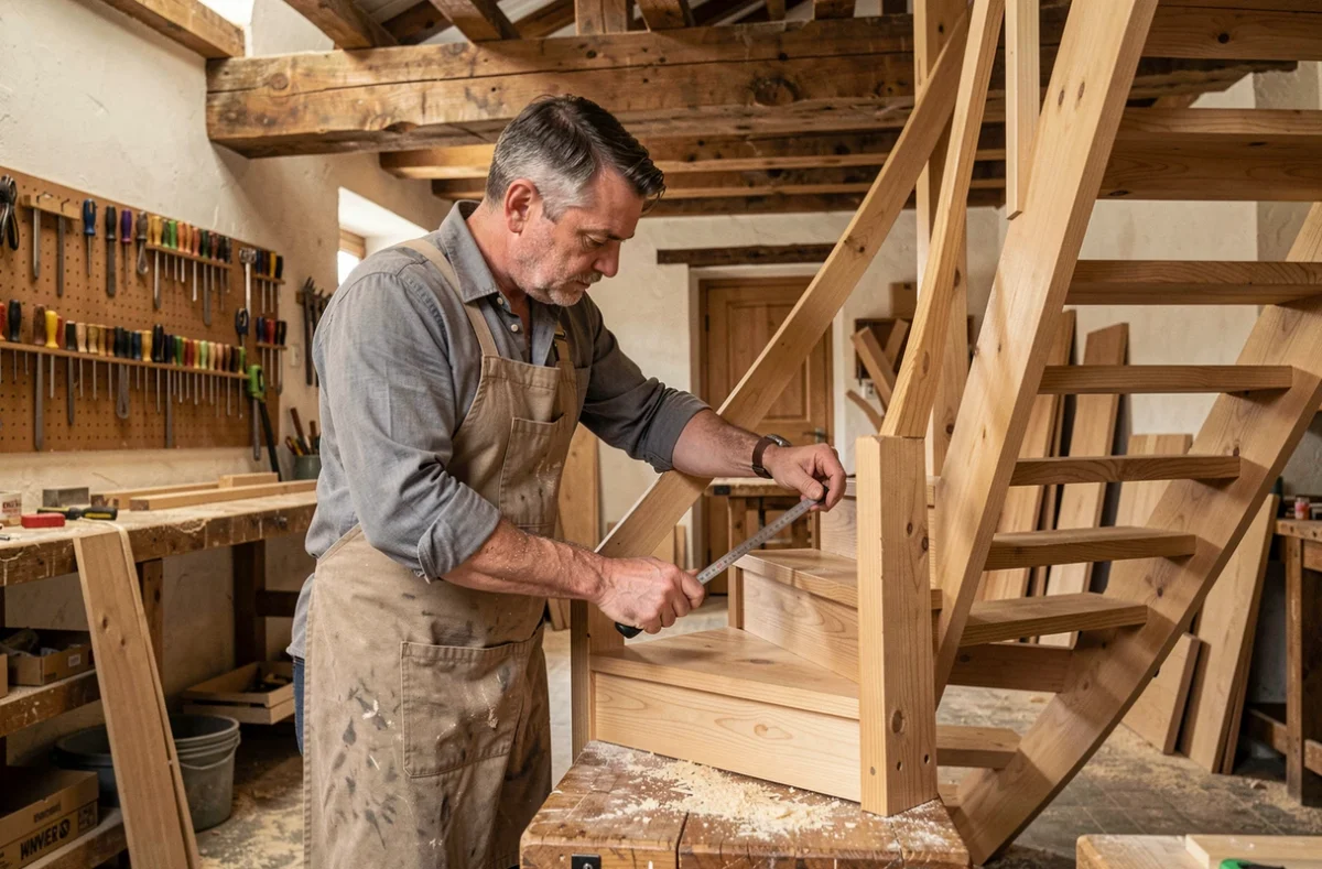 Artisan menuisier de la SARL Menuiserie Escalier Baldet travaillant sur un escalier en bois en Aveyron