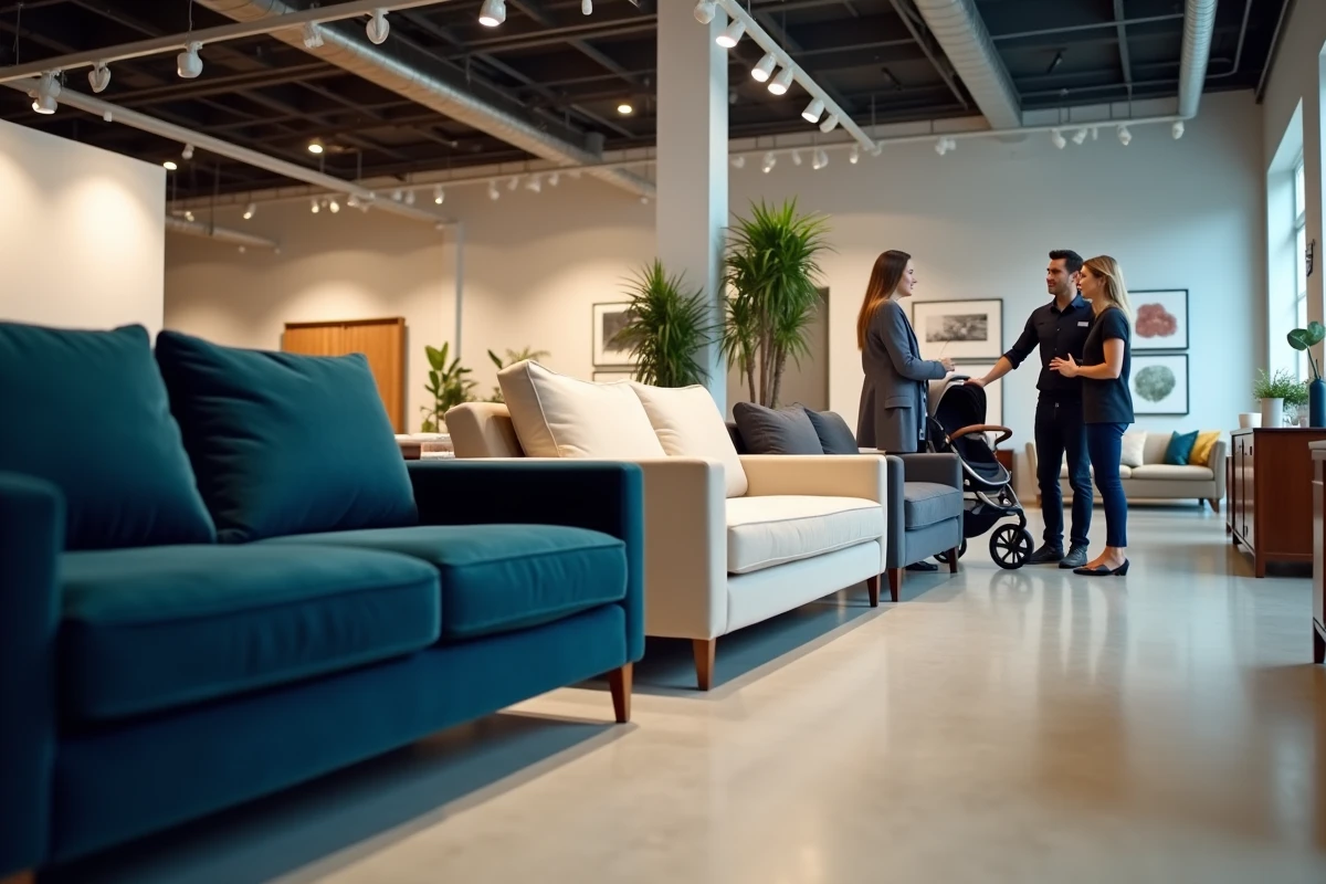 Showroom de canapés familiaux avec différents modèles en tissu exposés et une vendeuse conseillant un couple avec poussette