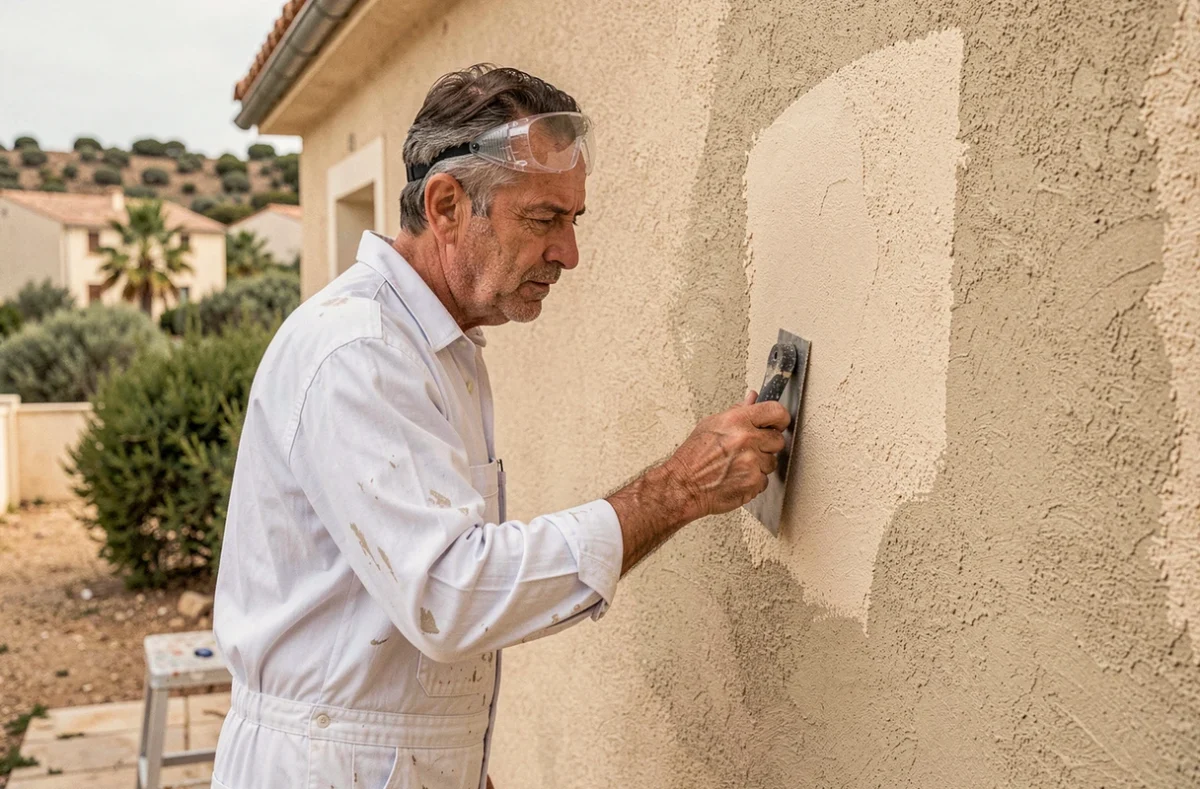 Artisan peintre appliquant un enduit texturé sur une façade rénovée à Alès dans le Gard pour Siarkiewiez