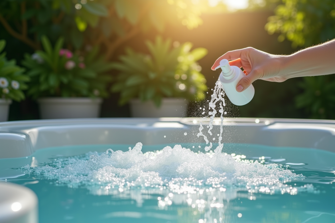 Spa extérieur propre avec bulles et main versant antifoam