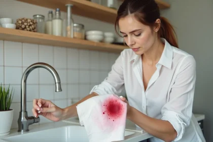 Femme traitant une tache de framboise sur un chemisier blanc au-dessus d'un évier en céramique