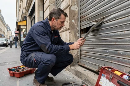 Technicien de dépannage inspectant un rideau métallique endommagé devant une boutique parisienne