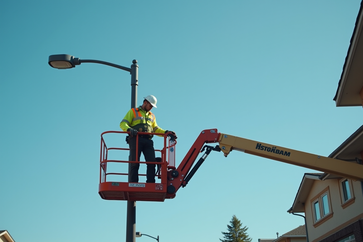 Technicien en uniforme réparant un lampadaire dans un quartier résidentiel
