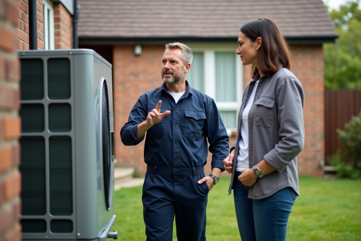 Technicien expliquant une pompe à chaleur à un couple dans le jardin