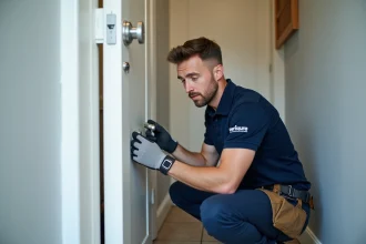 Technicien Verisure en uniforme installant un capteur de porte lors d'une visite technique à domicile
